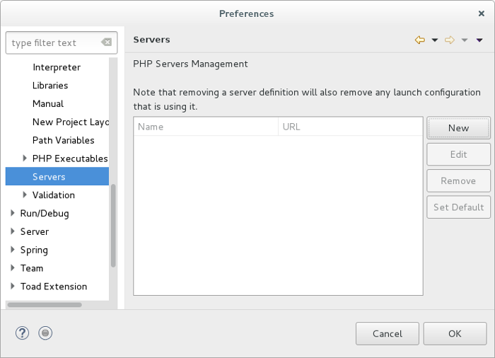 Liste des serveurs PHP dans eclipse